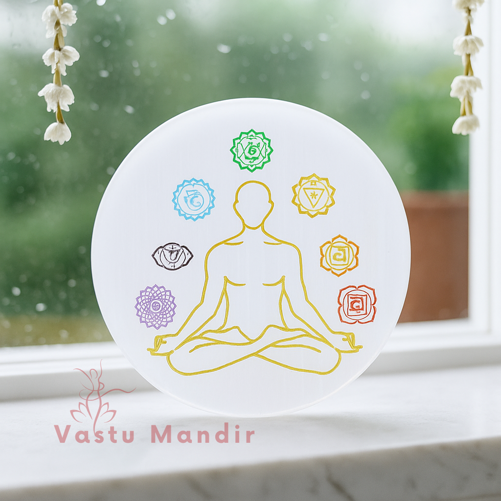 Round selenite charging plate engraved with seven chakra symbols