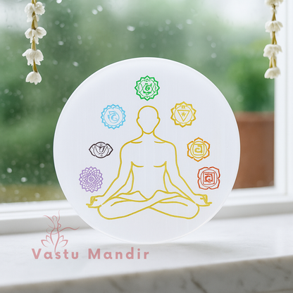 Round selenite charging plate engraved with seven chakra symbols