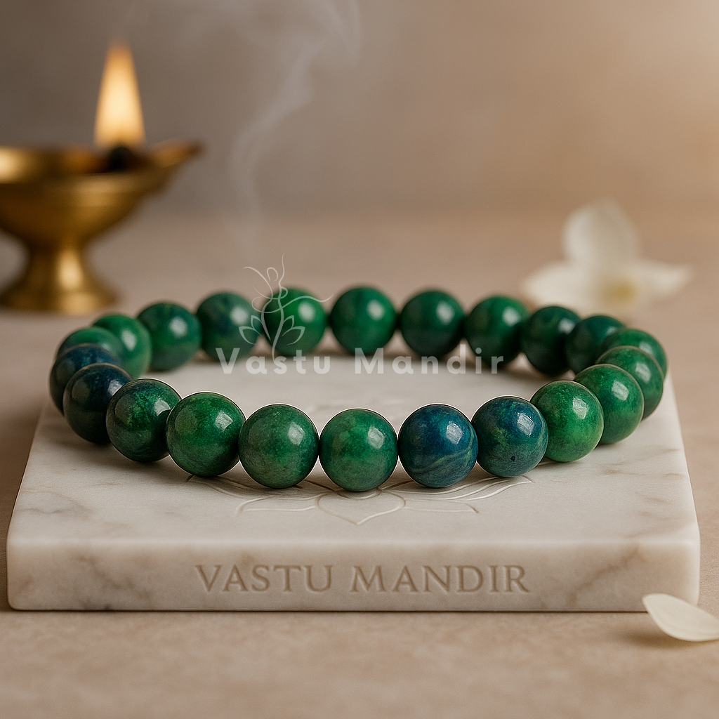 Natural azurite crystal bracelet shown with a hand in a lifestyle photograph