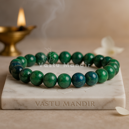 Natural azurite crystal bracelet shown with a hand in a lifestyle photograph