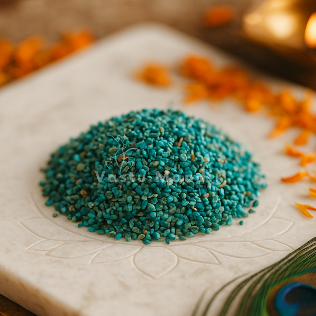 Chrysocolla crystal chips arranged on a carved white plate with marigold petals and a softly lit diya