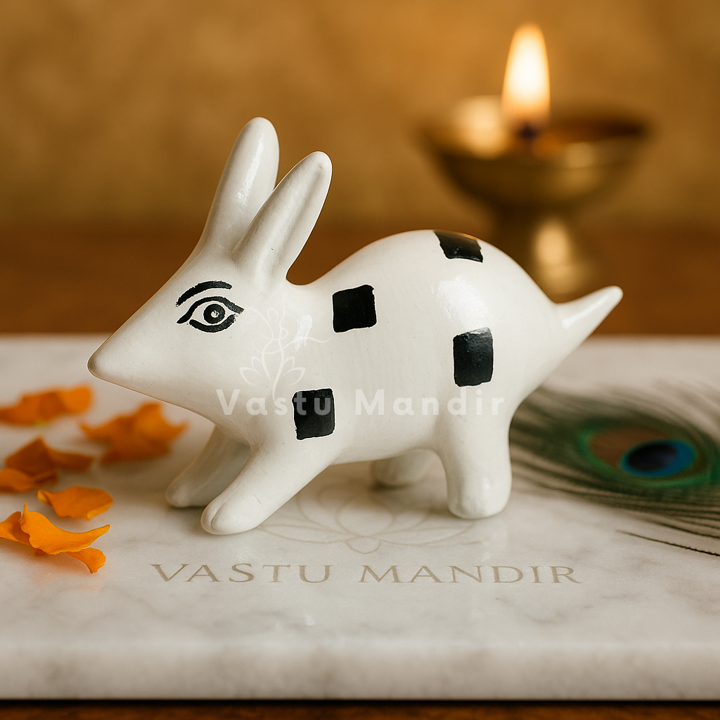 White enamel rabbit pair single right-facing rabbit on a sacred plate