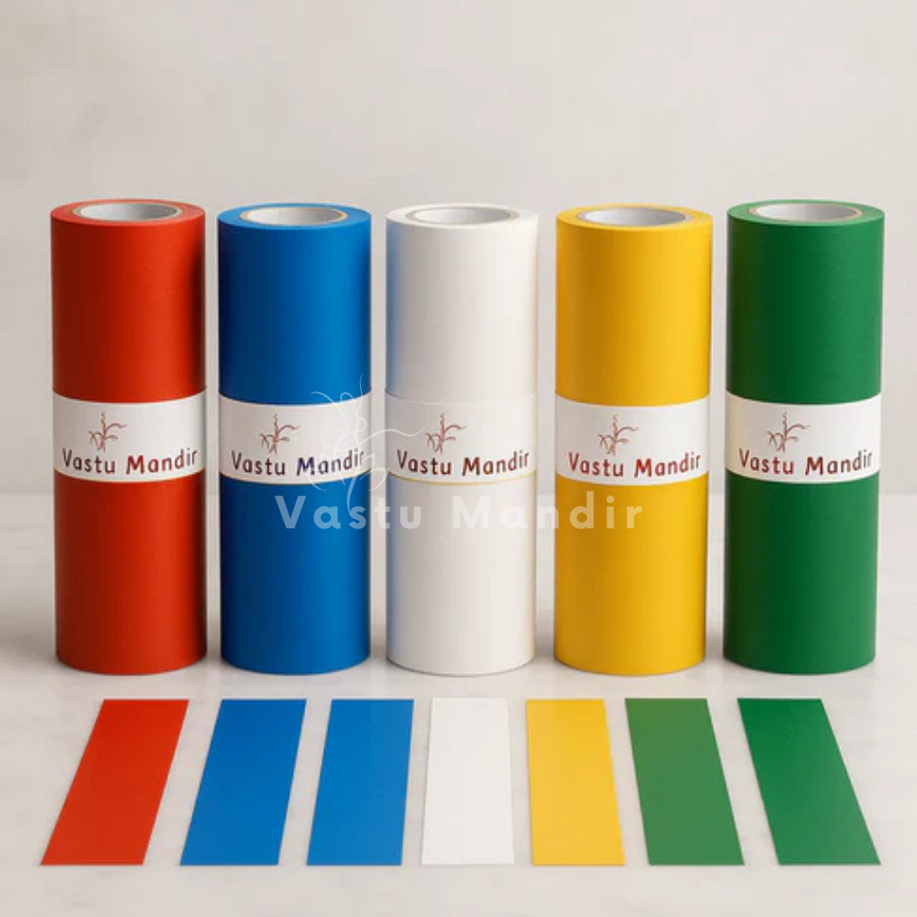 Multicolor Vastu color tape set arranged in a styled spiritual setting