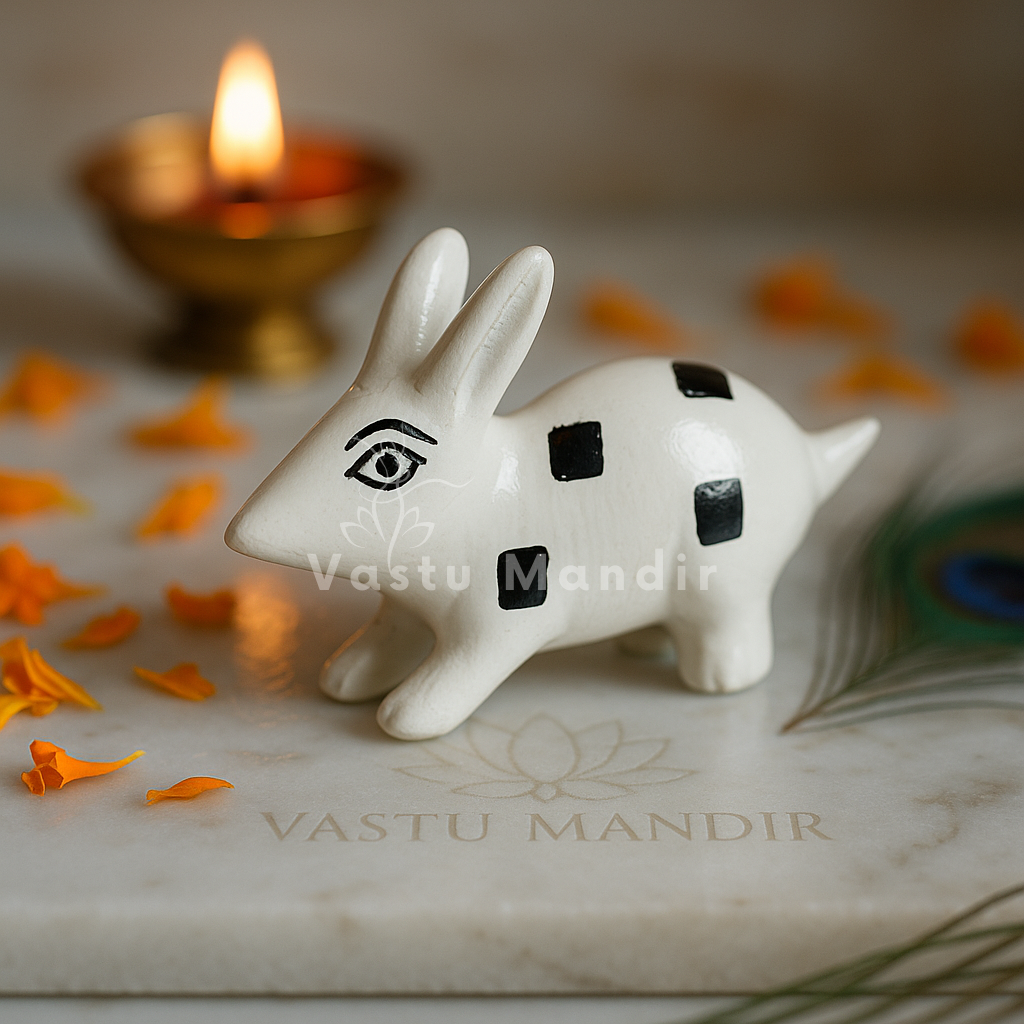 White enamel rabbit pair single left-facing rabbit on a sacred plate