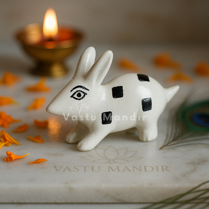 White enamel rabbit pair single left-facing rabbit on a sacred plate
