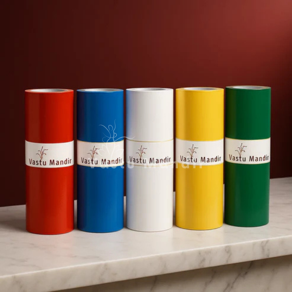 Multicolor Vastu color tape set displayed in a dark, softly lit spiritual setting