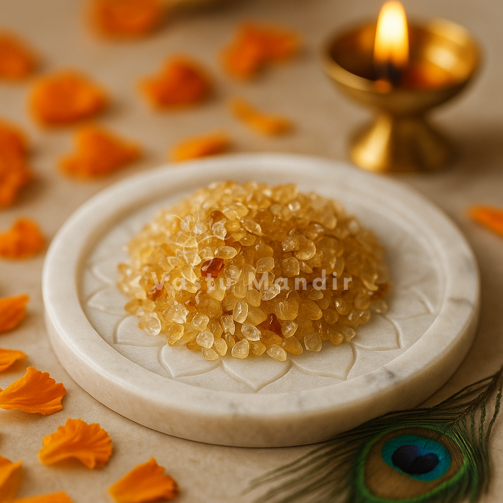Citrine crystal chips arranged on a carved white plate with marigold petals and a softly lit diya