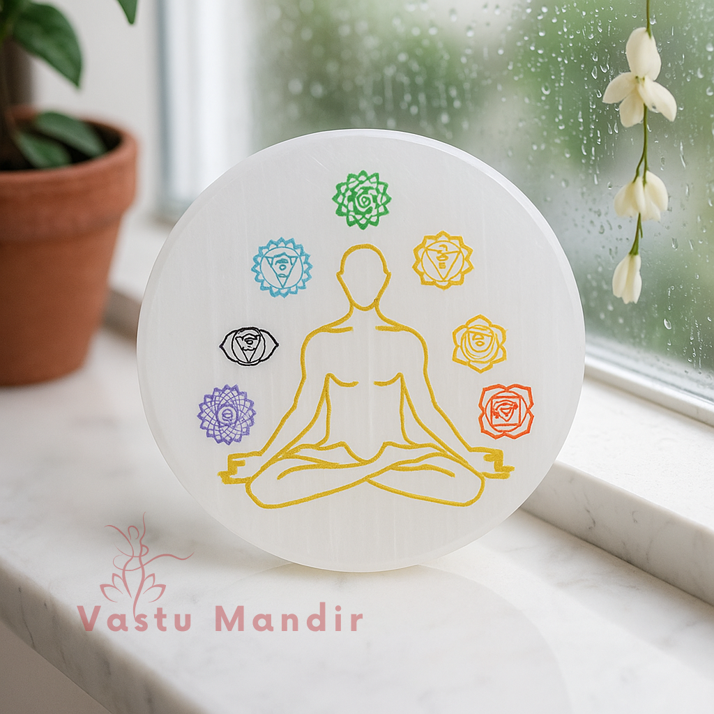 Close-up of chakra engravings on the round selenite plate