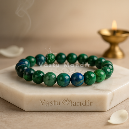 Natural azurite crystal bracelet shown in a second hand-held product view