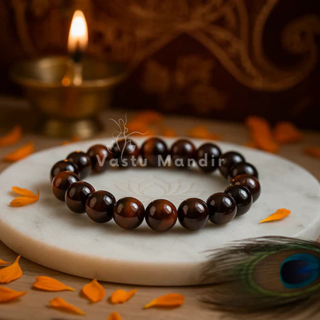 Natural red tiger eye crystal bracelet shown in a second hand-held product view