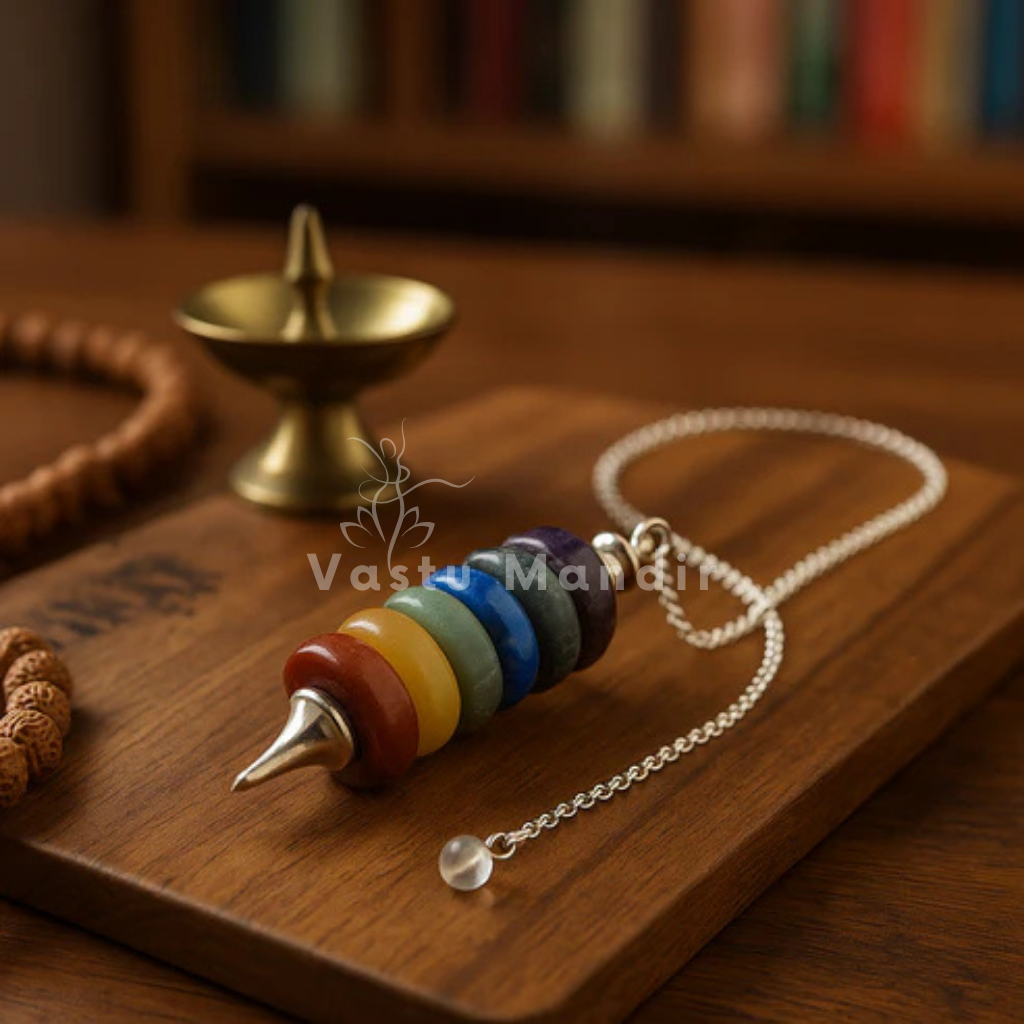 Seven chakra dowsing pendulum on wood with diya, crystal beads and sacred styling