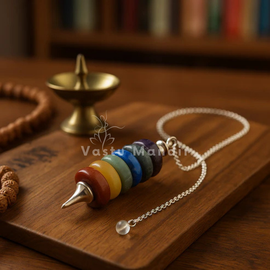 Seven chakra dowsing pendulum on wood with diya, crystal beads and sacred styling