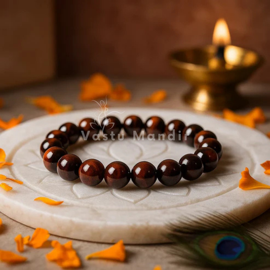 Natural red tiger eye crystal bracelet shown with a hand in a lifestyle photograph