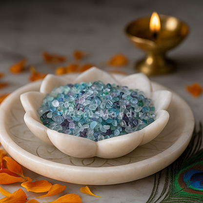 Angled view of fluorite crystal chips on a white plate with marigold petals and a peacock feather