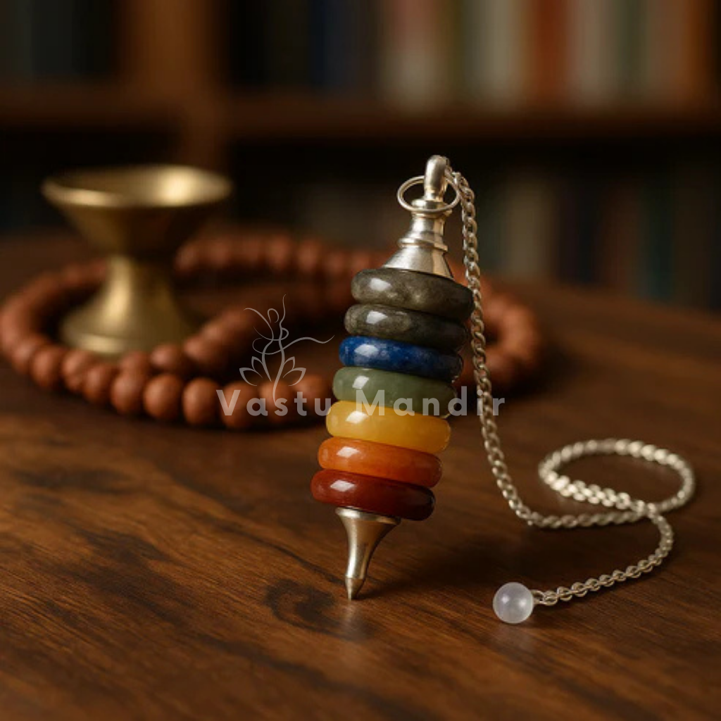 Multicolour seven chakra pendulum standing upright with chain, diya and crystal beads