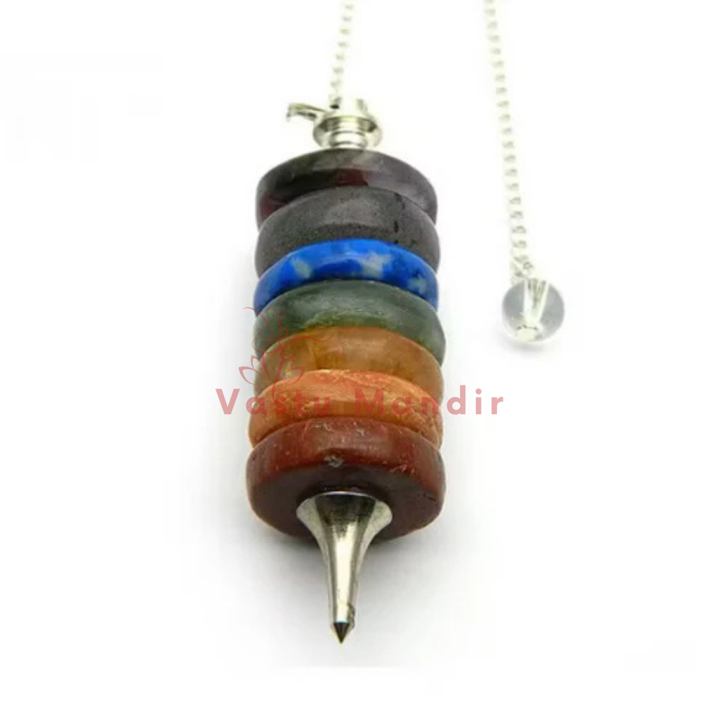 Seven chakra gemstone pendulum shown upright on a white background