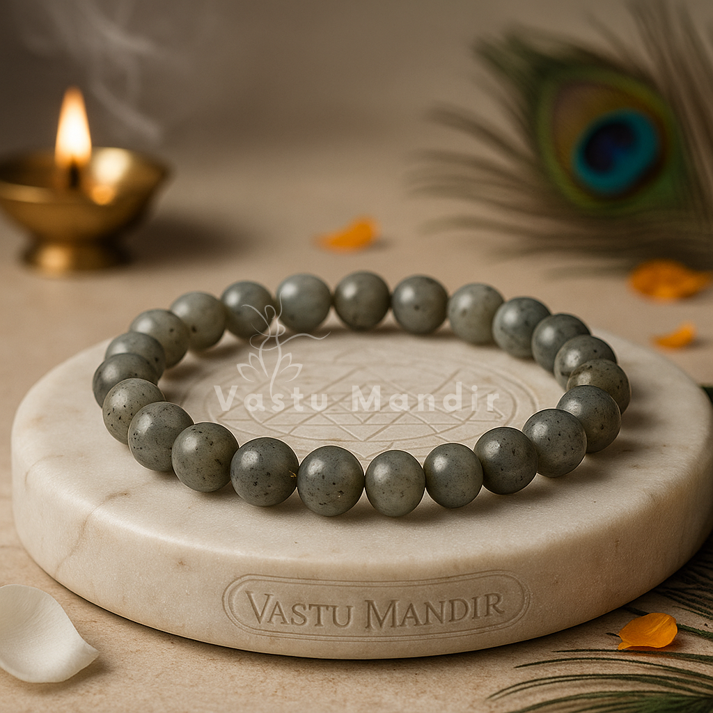 Natural labradorite crystal bracelet shown with a hand in a lifestyle photograph