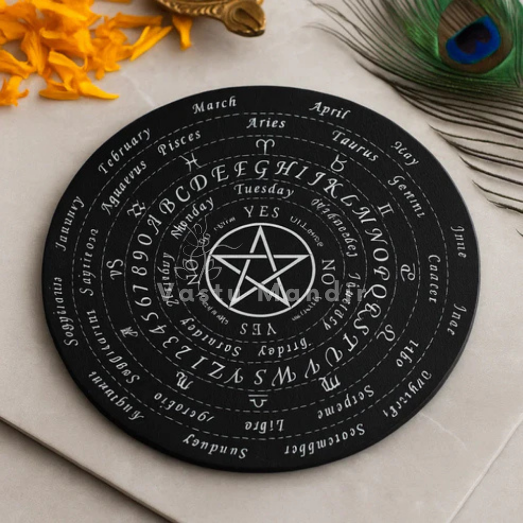 Black Vastu Star dowsing board displayed upright on a white marble pedestal