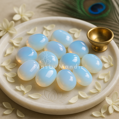 Opalite tumbled stones arranged in a round decorative dish with white flower petals