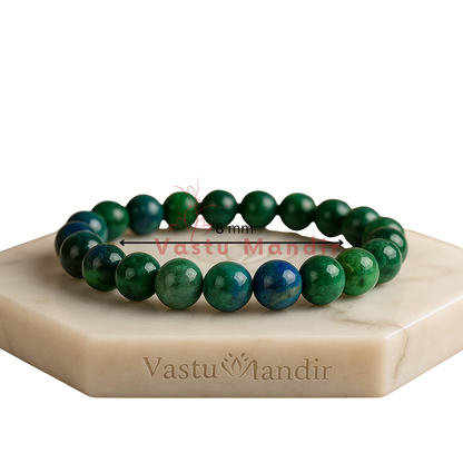 Natural azurite crystal bracelet presented with a hand for visual scale