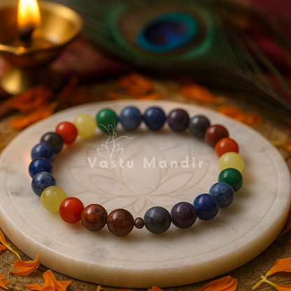 7 chakra crystal bracelet shown in a second hand-held product view