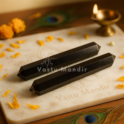 Black tourmaline Vastu pencil arranged in a warm low-light product setting