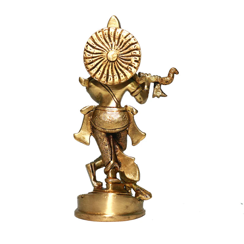 Brass Krishna Ji idol rear view showing the halo and flute details