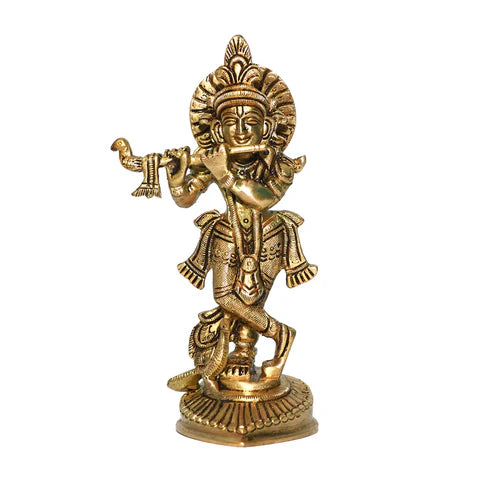 Brass Krishna Ji idol front view isolated on white background
