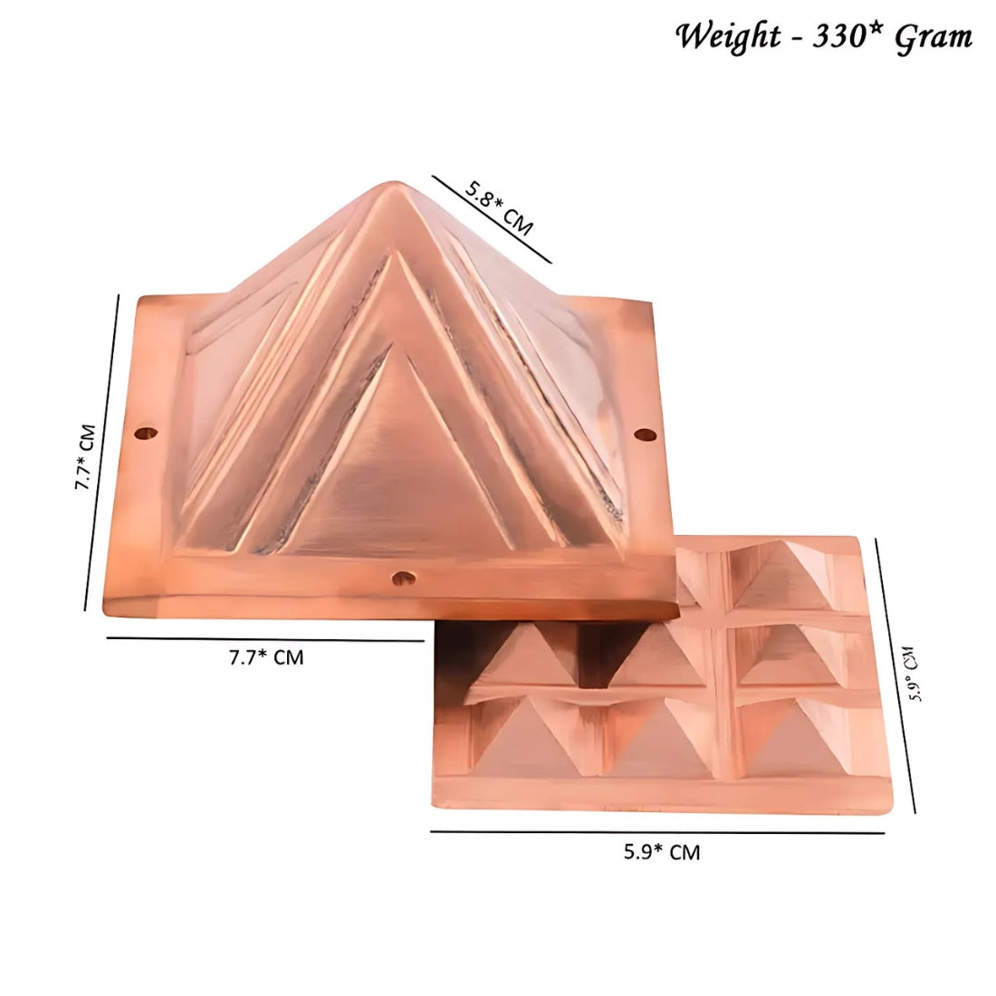 Copper pyramid size graphic showing 7.7 cm upper layer, 5.9 cm lower layer and 330 g weight