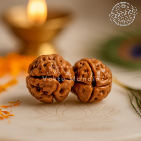 2 mukhi Rudraksha shown in a second styled sacred view