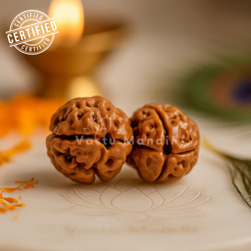 2 mukhi Rudraksha displayed in a softly lit sacred setting