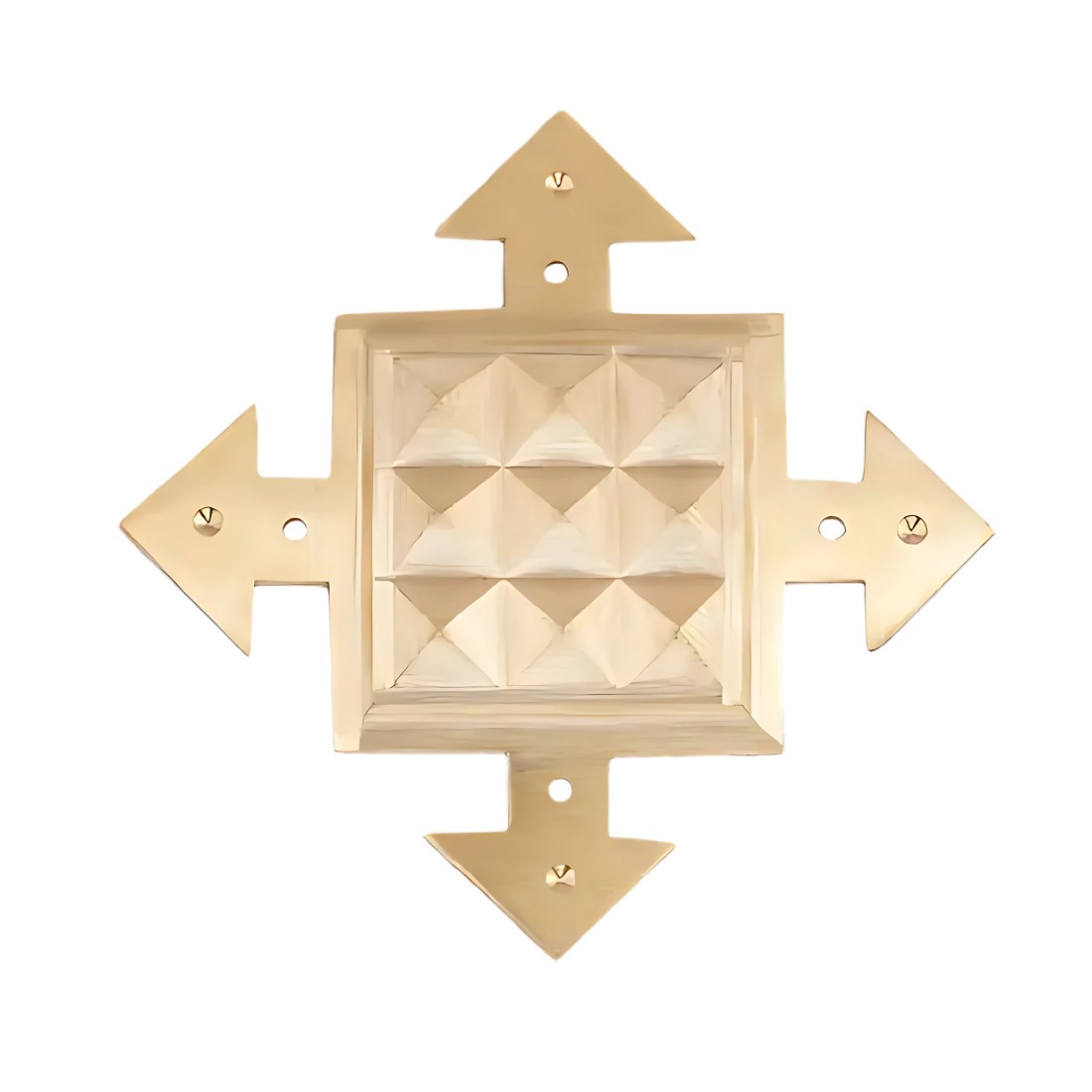 A gold-colored brass pyramid wall hanging with geometric patterns, designed for Vastu Shastra purposes.