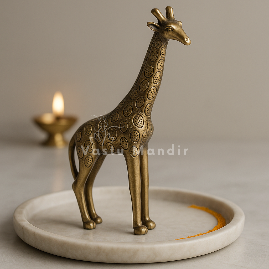 Brass giraffe idol alternate angle on a stone plate beside a diya