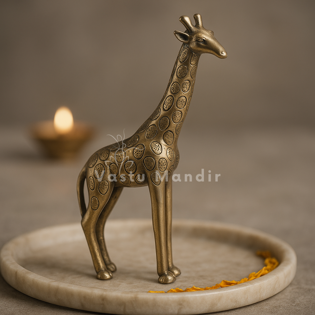 Brass giraffe idol on a round stone plate against a warm studio background