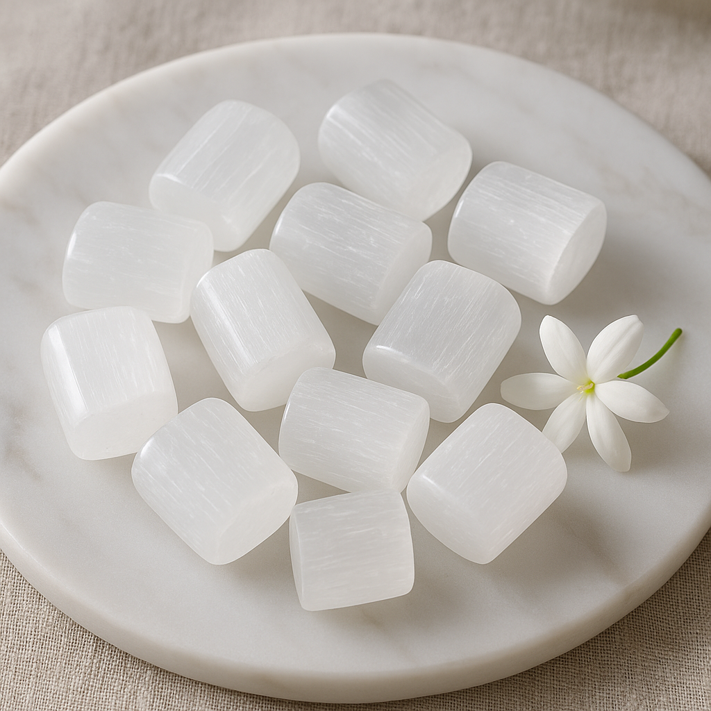 Top view of selenite cube stones grouped in a white bowl