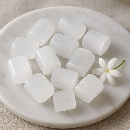 Top view of selenite cube stones grouped in a white bowl