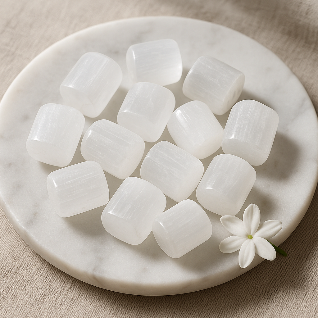 Selenite cube stones arranged inside a shallow white bowl