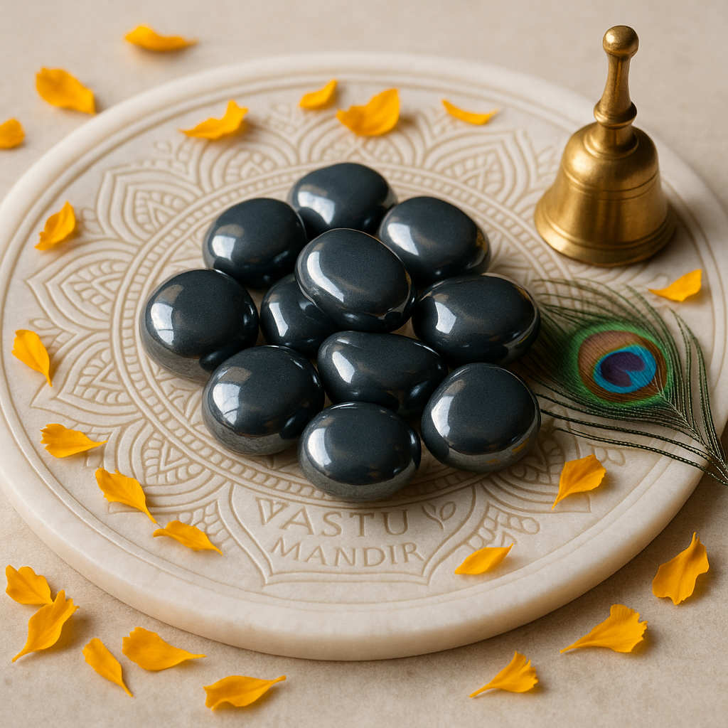 Close view of hematite tumbled stones on a decorative white plate in a softly lit traditional setting