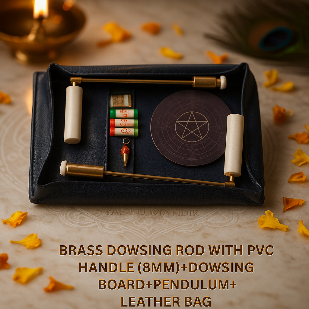 Complete brass leather dowsing kit shown with rods, board, pendulum and sample vials
