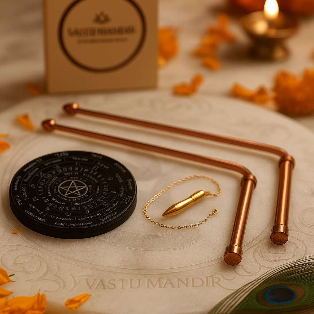 Copper dowsing rod pair with black board and brass pendulum in a sacred branded setting