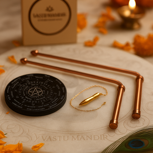 Copper dowsing rod pair with black board and brass pendulum in a sacred branded setting