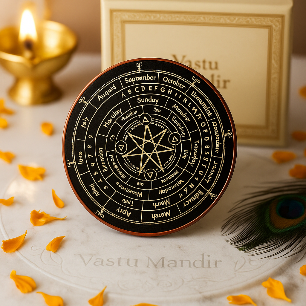 Framed Seven Star pendulum board displayed beside a glowing diya