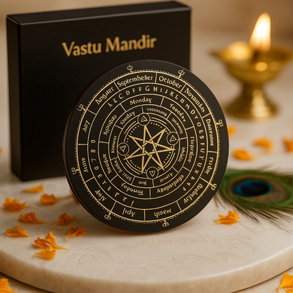 Seven Star dowsing board with Vastu Mandir box, diya and marigold petals