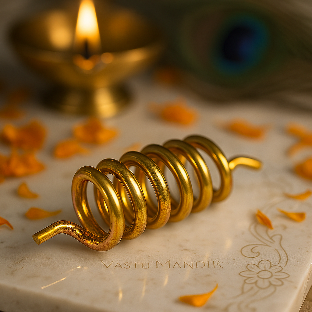 Brass Vastu spring displayed on a marble plate in a sacred setting