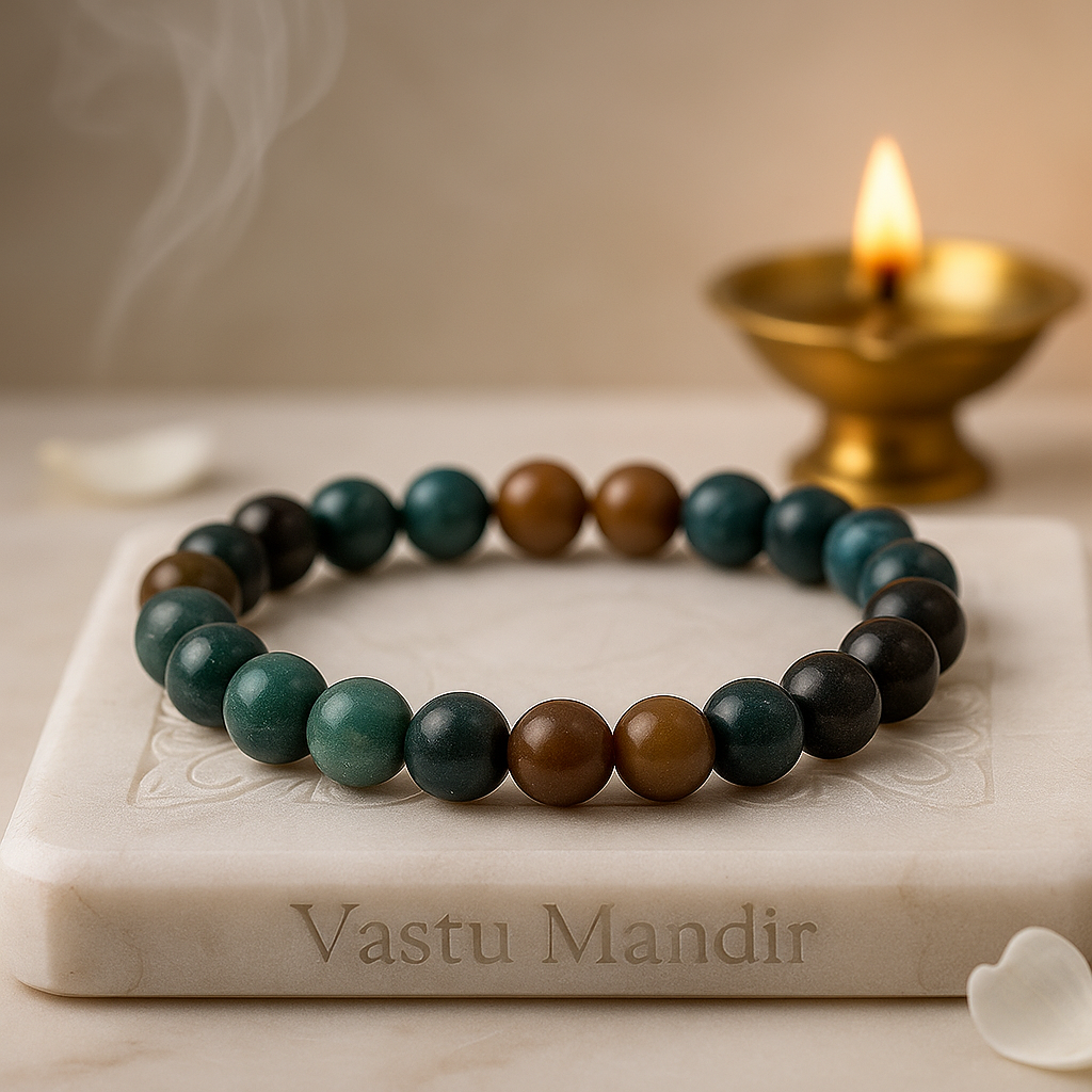 Natural bloodstone crystal bracelet shown in a separate hand-held product photograph