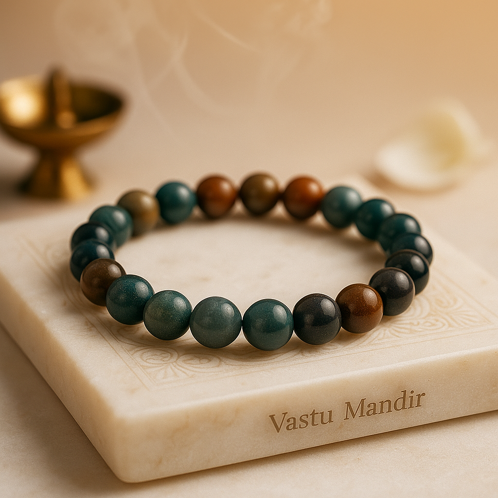 Natural bloodstone crystal bracelet presented with a hand for visual scale