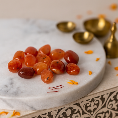 Angled view of carnelian tumbled stones on a white plate with marigold petals and a peacock feather