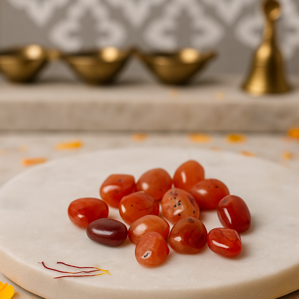 Wide view of carnelian tumbled stones displayed on a white plate with brass decor and flower petals
