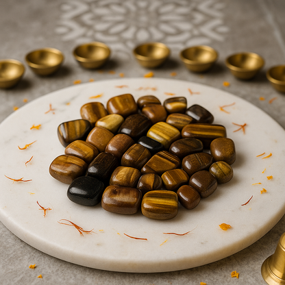 Angled view of tiger eye tumbled stones on a white plate with marigold petals and a peacock feather