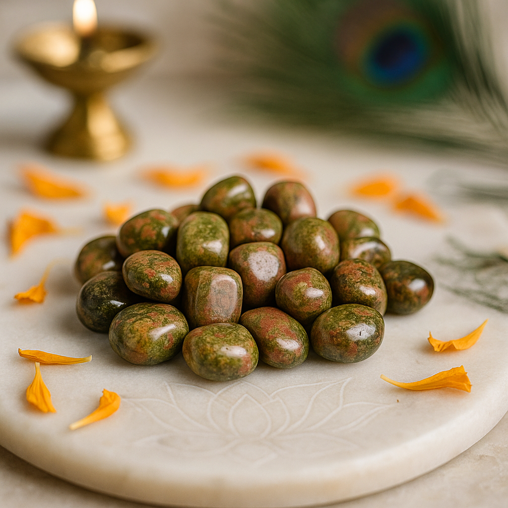 Unakite tumbled stones arranged on a carved white plate with marigold petals and a softly lit diya